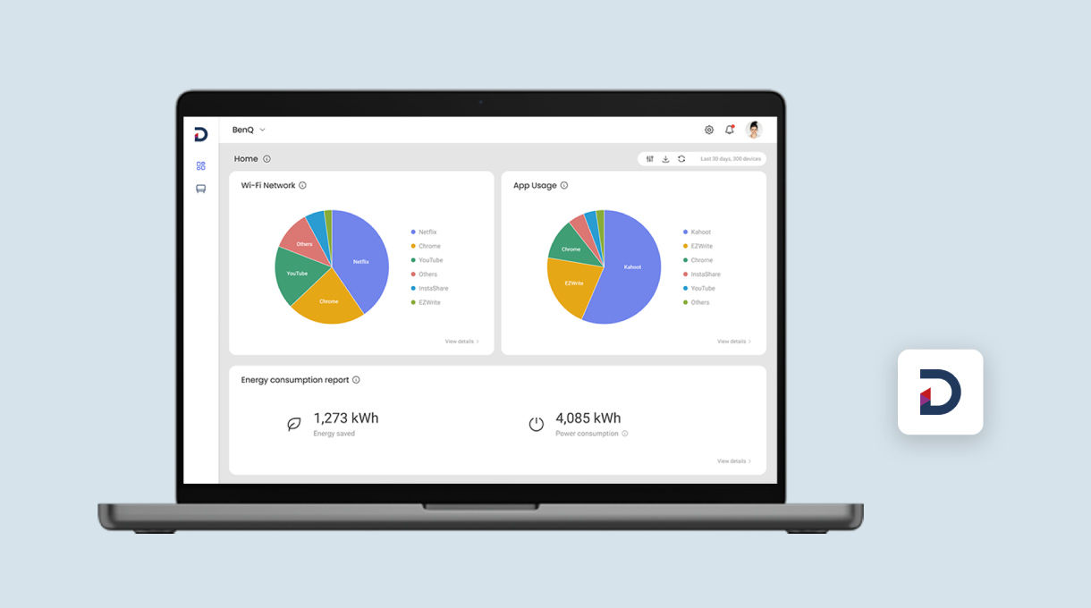 BenQ Device Management Solution (DMS) for remotely controlling SH04 digital signage, allowing IT admins to manage settings, power schedules, firmware updates, and app installations.