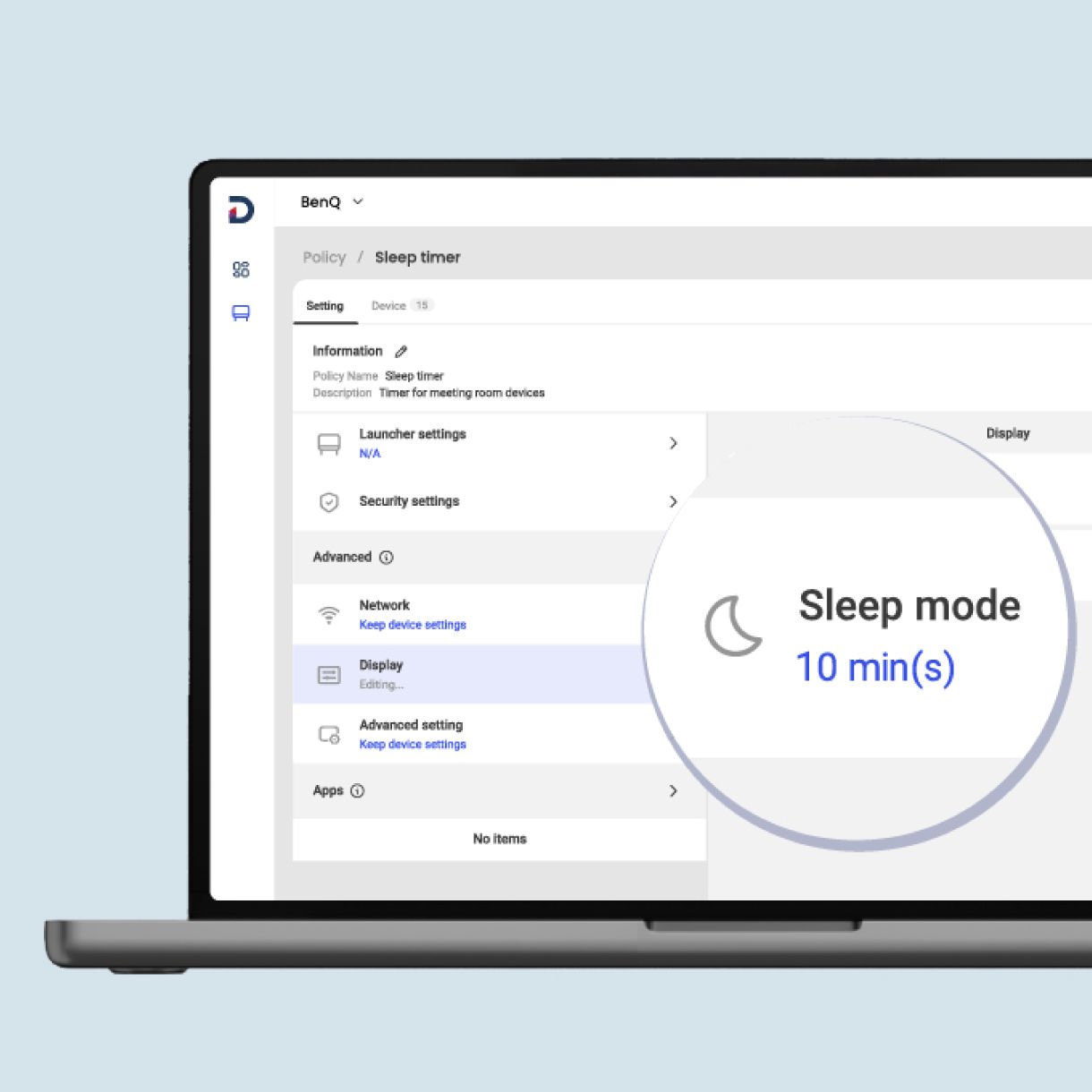 Configuring a sleep mode policy on the BenQ DMS platform to maximize energy efficiency for all managed signage and interactive boards.