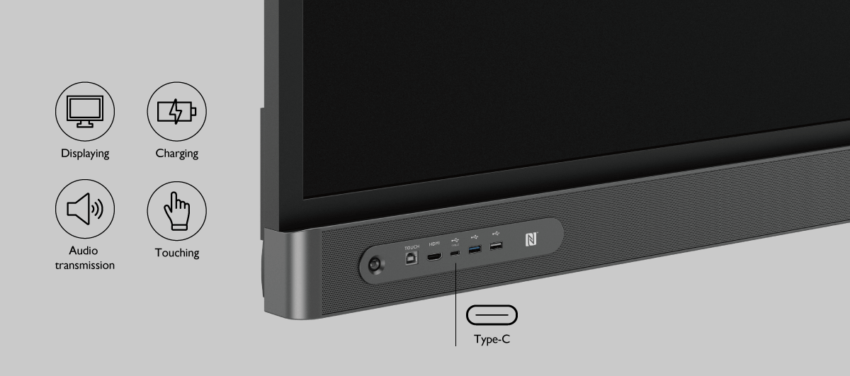 BenQ Interaktivní displej BenQ RP8602 Interaktivní displej RP8602 je na přední straně vybaven nejnovějším portem typu C, který podporuje zobrazování obsahu, přenos zvuku, nabíjení a dotykové ovládání. Kromě toho zajišťuje dvojice integrovaných portů USB 2.0 a port HDMI na přední straně ještě pohodlnější používání.