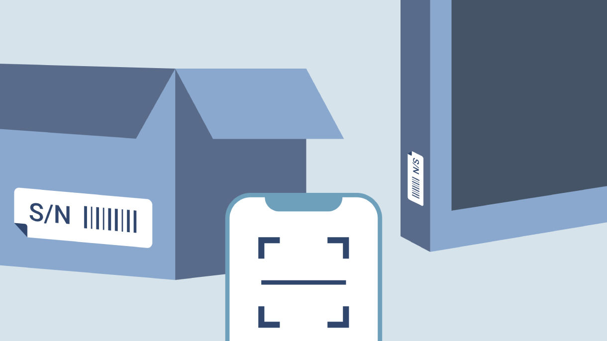 A smartphone scanning a barcode on a BenQ display box to quickly add and bind the device to the DMS management system without manual entry.