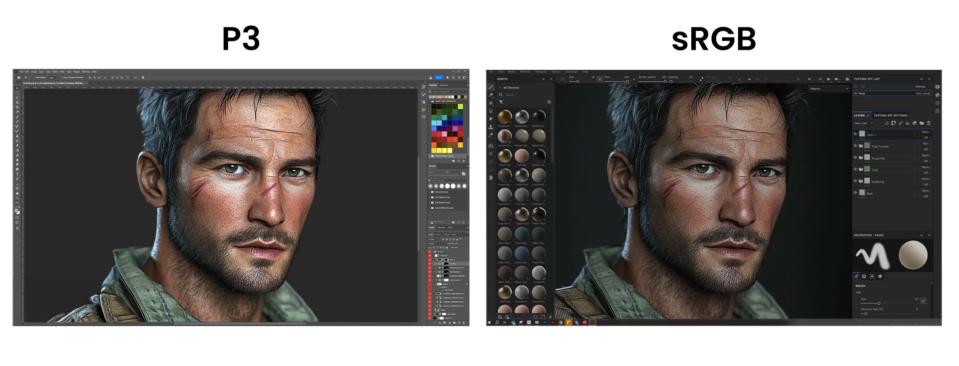 P3 vs. sRGB, the same artwork loses depth and vibrancy on a non-P3 monitor (e.g.sRGB monitor).