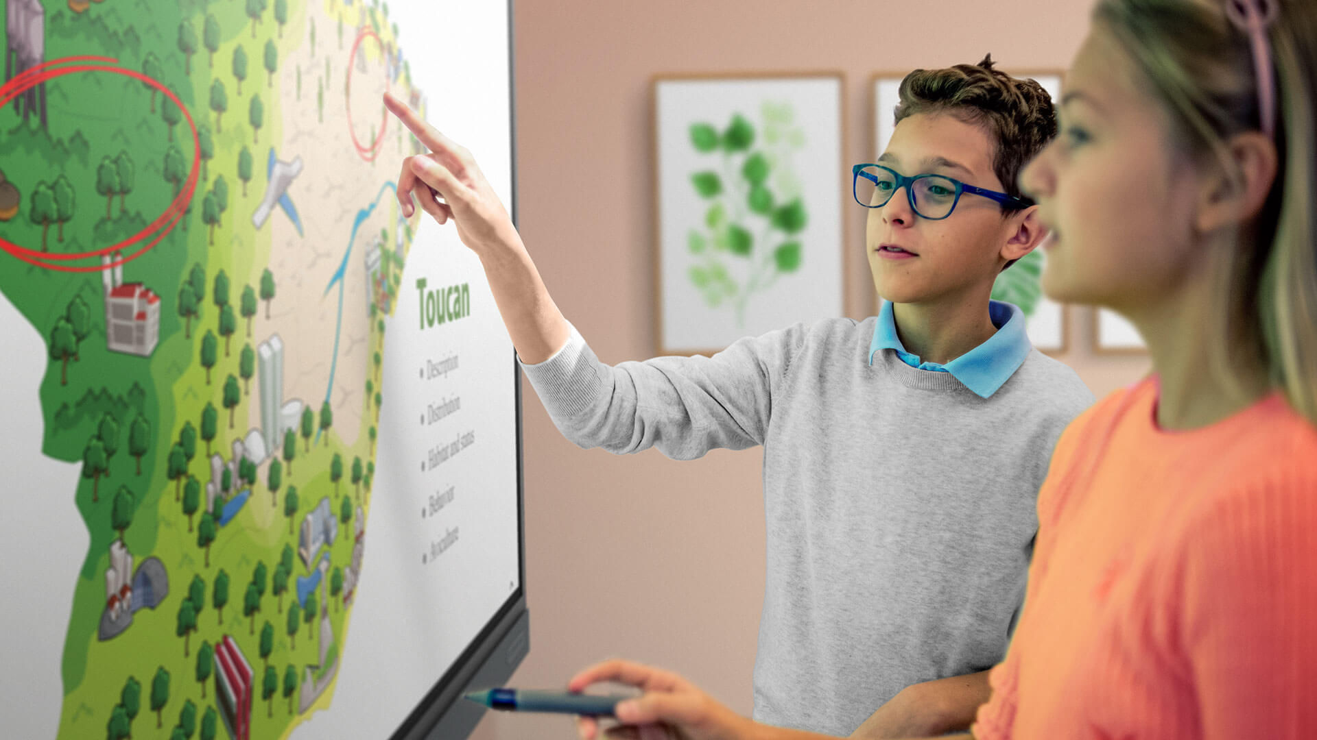 Schüler spielen interaktives Spiel auf digitaltem Whiteboard