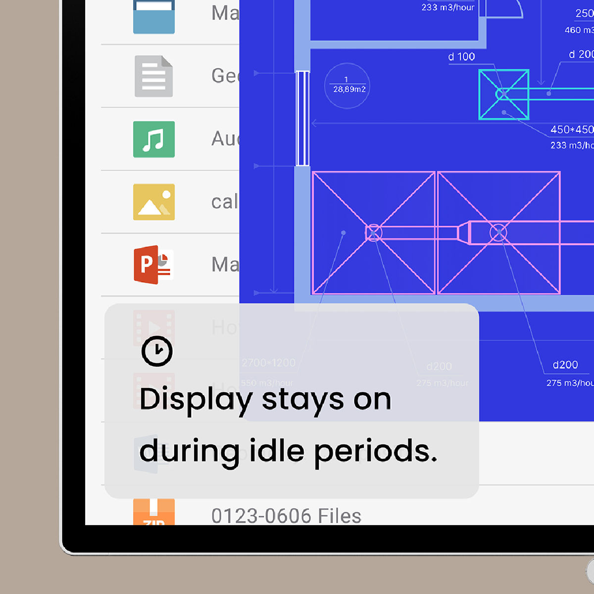 Close up of a shared display showing a blueprint and an idle screen message, illustrating logout risks on shared devices.