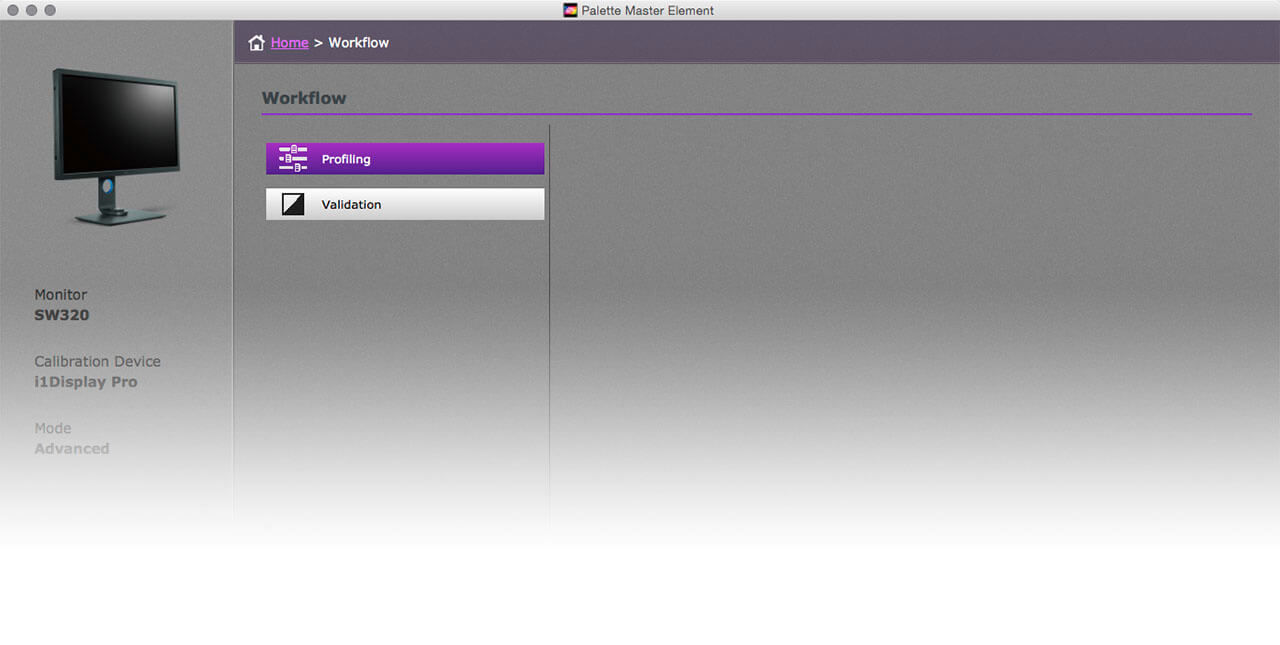 The Palette Mater Element window lets you select either a profiling or validation workflow for monitor SW32O.