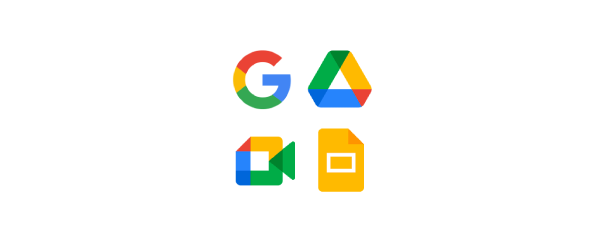 The Google "G" logo surrounded by icons for Drive, Meet, and Docs, highlighting the Google Core services integrated into BenQ digital signage for efficient corporate collaboration.