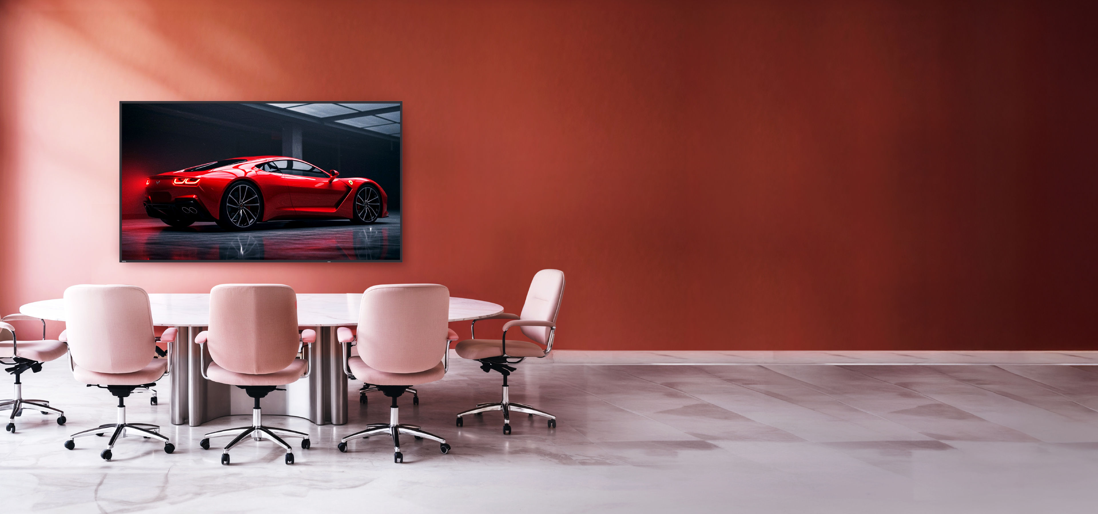 A red sports car on a BenQ SH04 digital signage display in a bright modern boardroom, showcasing Pantone Validated colors and high brightness that enable better decisions for impactful workplace solutions.