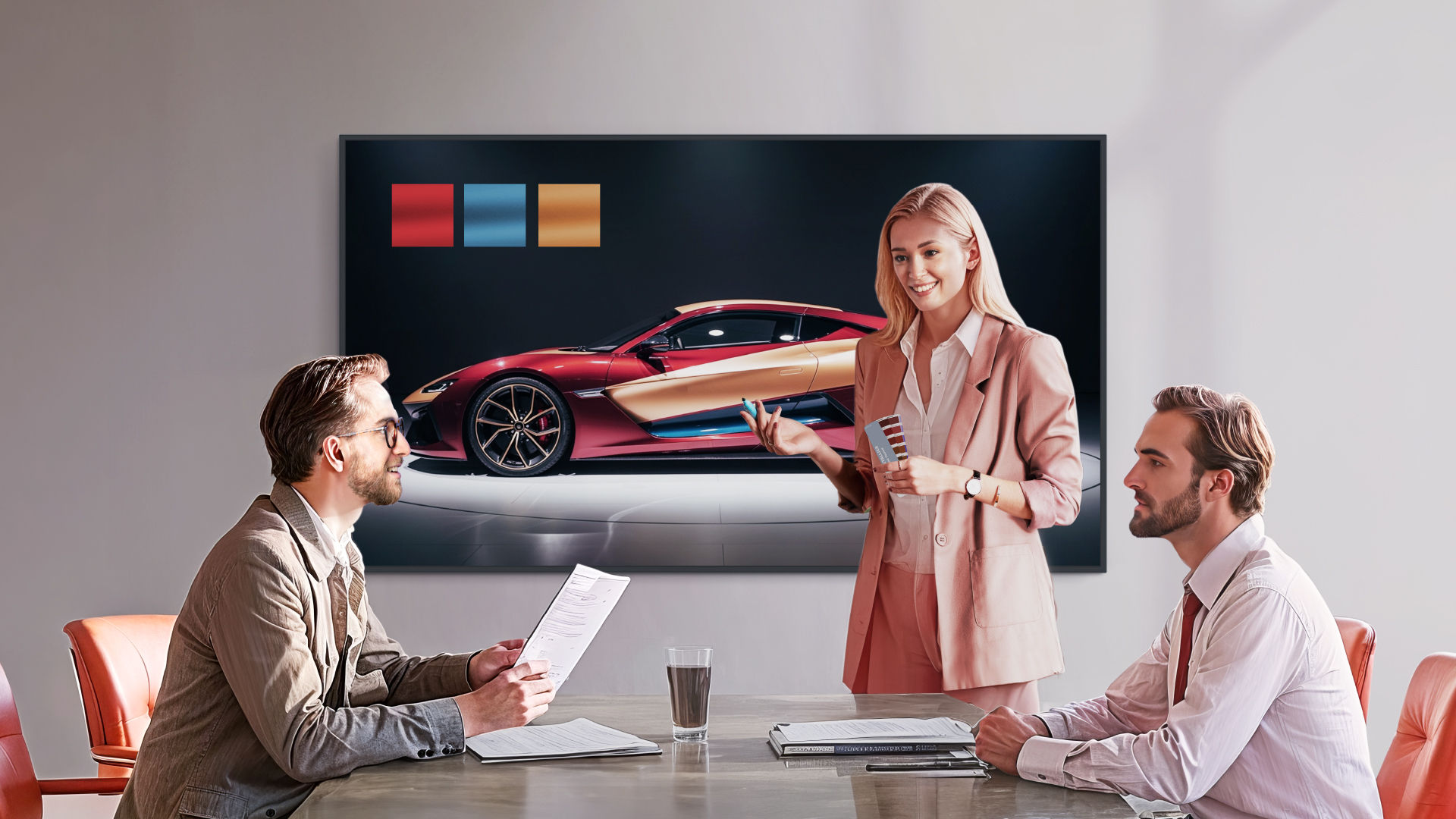 A professional woman presenting color swatches in front of a BenQ digital signage display showing a red sports car, demonstrating how Pantone Validated technology provides reliable workplace solutions for creative professionals.