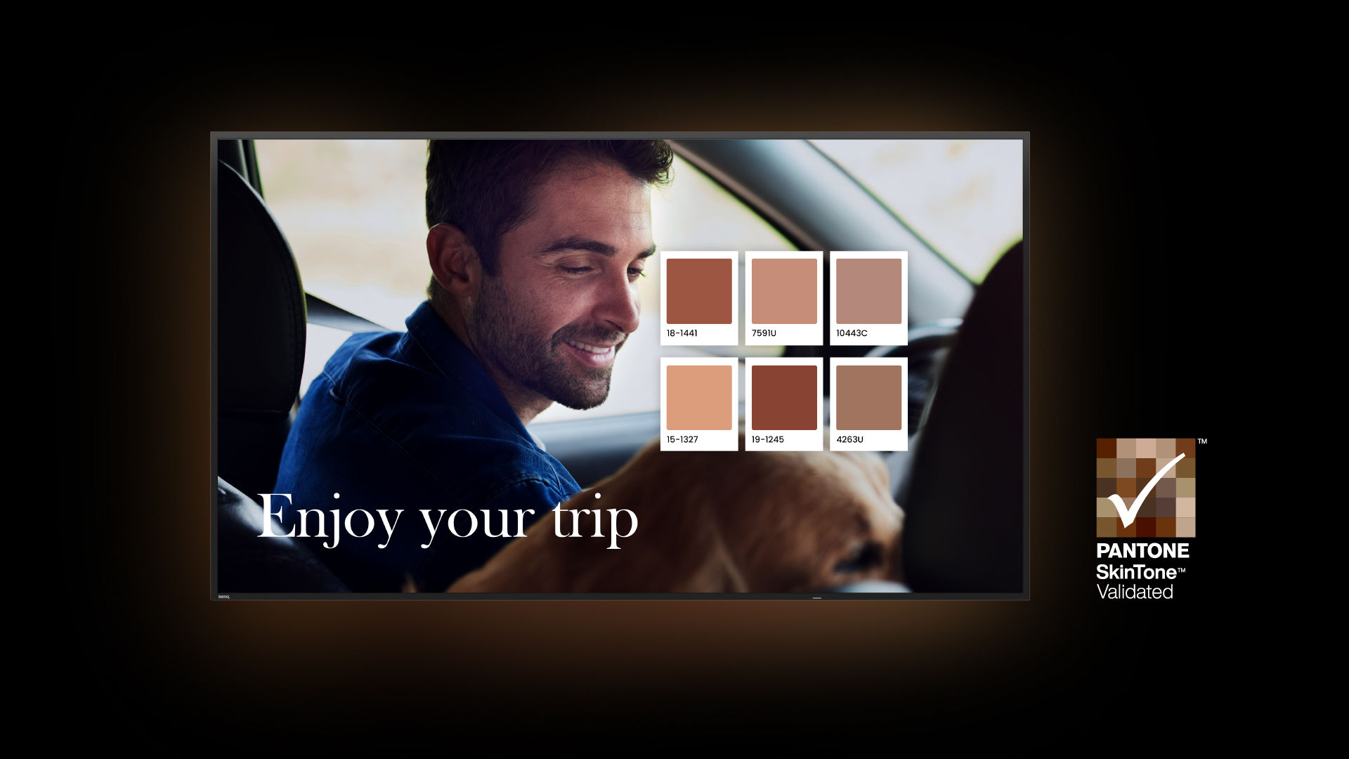 A BenQ digital signage display showing a man smiling in a car with the text "Enjoy your trip," featuring six Pantone SkinTone Validated swatches to demonstrate authentic skin tone representation for diverse workplace solutions.