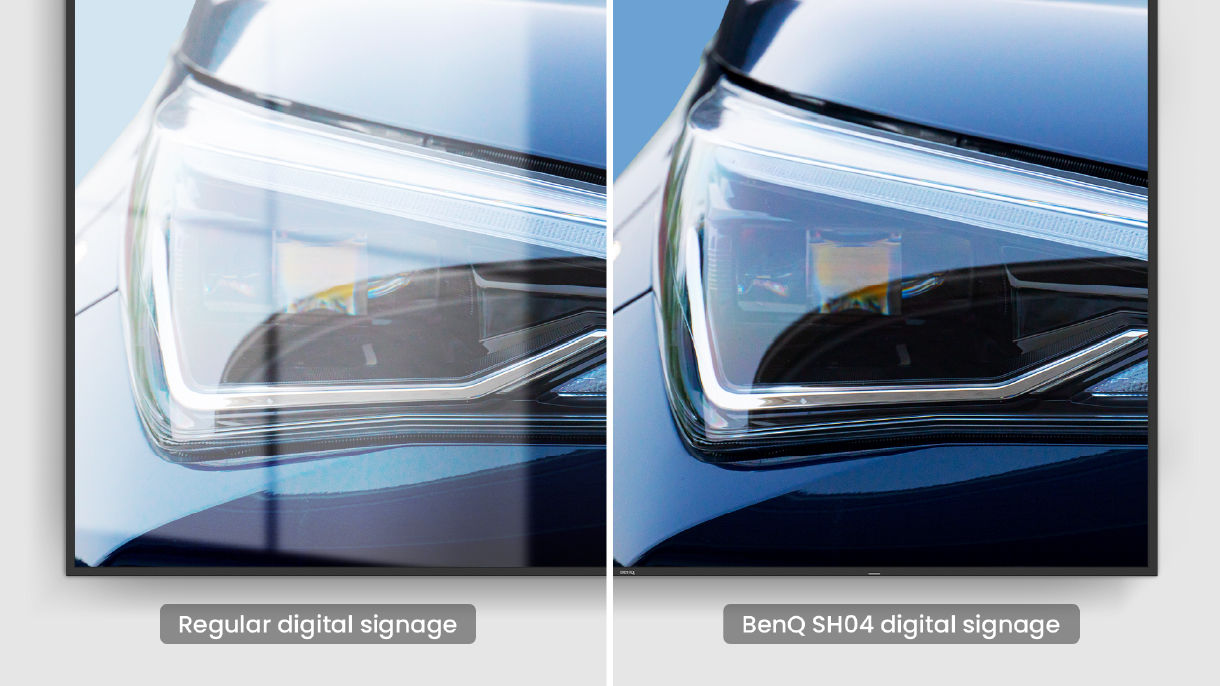 A side-by-side comparison of a regular display with strong reflections versus a BenQ digital signage screen with an improved anti-glare screen, highlighting low blue light technology for better workplace efficiency.