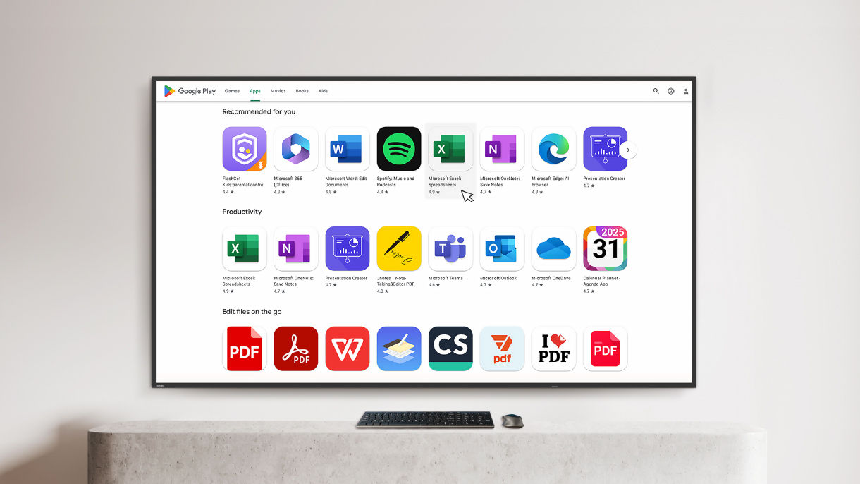 The Google Play interface on a BenQ digital signage screen showing productivity apps like Microsoft Excel and Teams, representing how Google integration on the SH04 creates an engaging experience for business tasks.