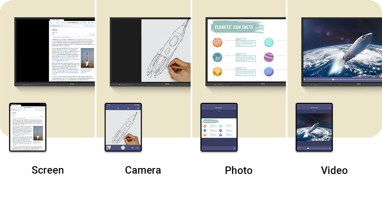 BenQ Interactive Digital Whiteboard allowing screen duplication, extension, and sharing of individual windows or media files like PDFs, images, and videos.