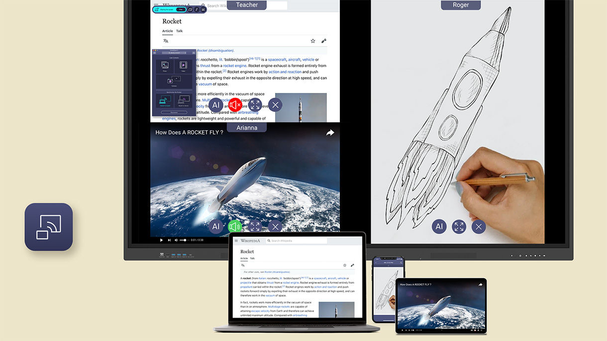 BenQ Digital Whiteboards with the ability to wirelessly share up to 4 screens from devices like Chromebooks, Windows laptops, MacBooks, iPads, iPhones, and Android phones or tablets.