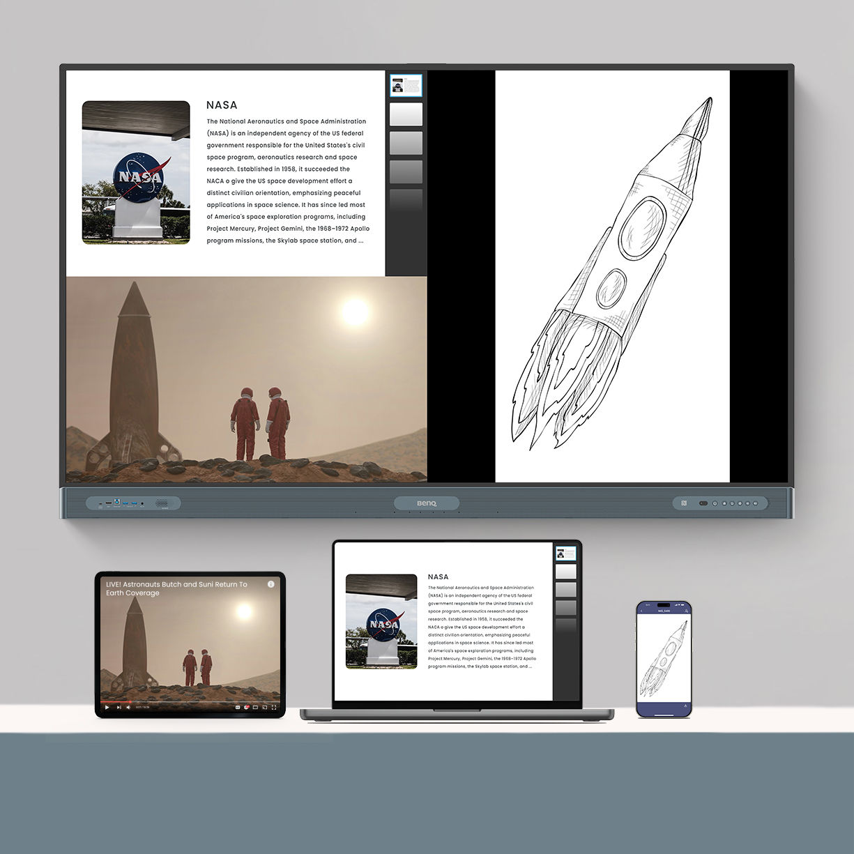Display showing content shared wirelessly from 3 different devices