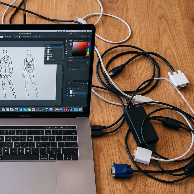 Laptop connected to multiple cables during a design meeting