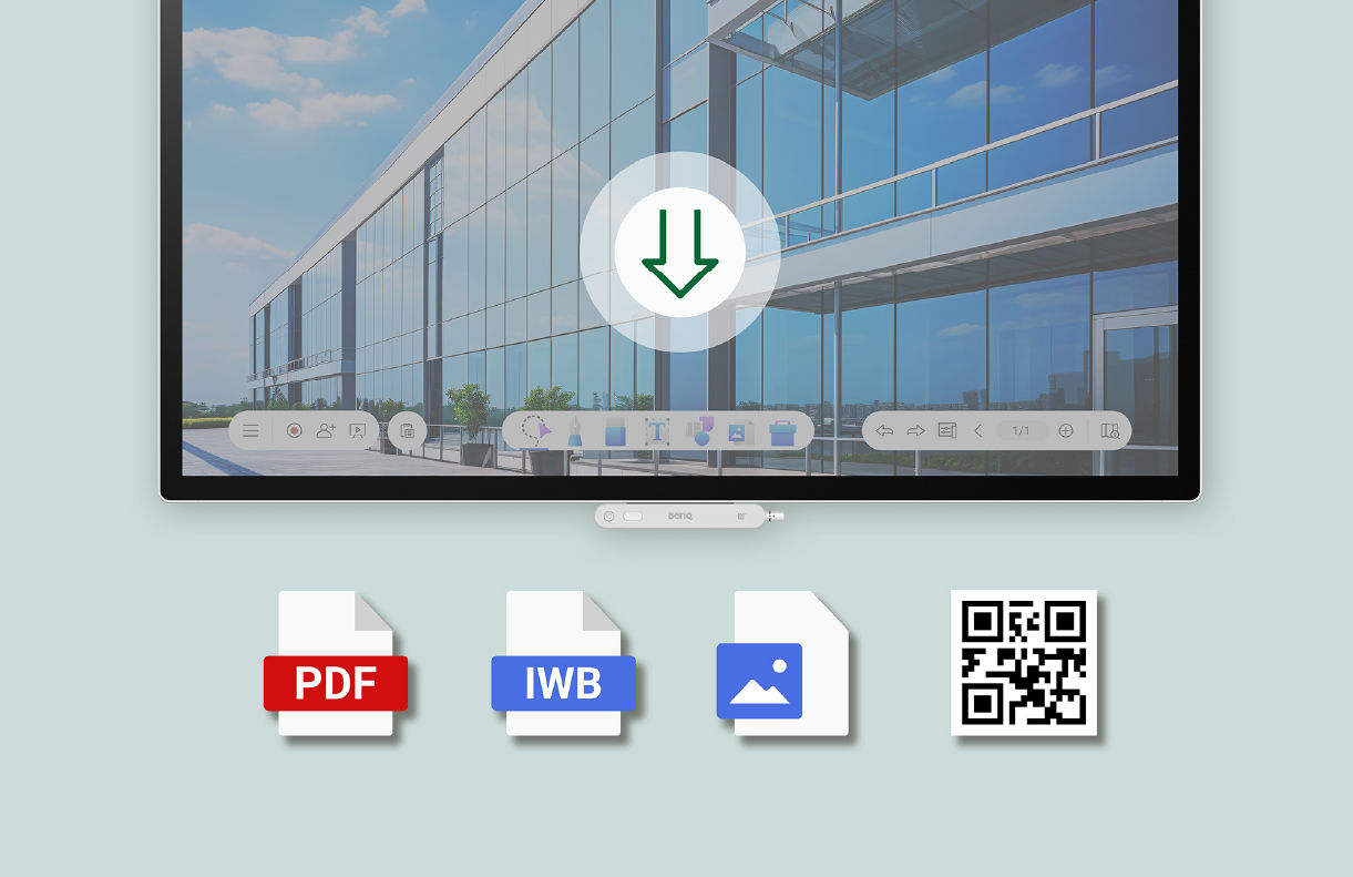 Saving an EZWrite session as an editable IWB file or PDF, and generating a QR code for instant, contactless sharing of meeting notes.