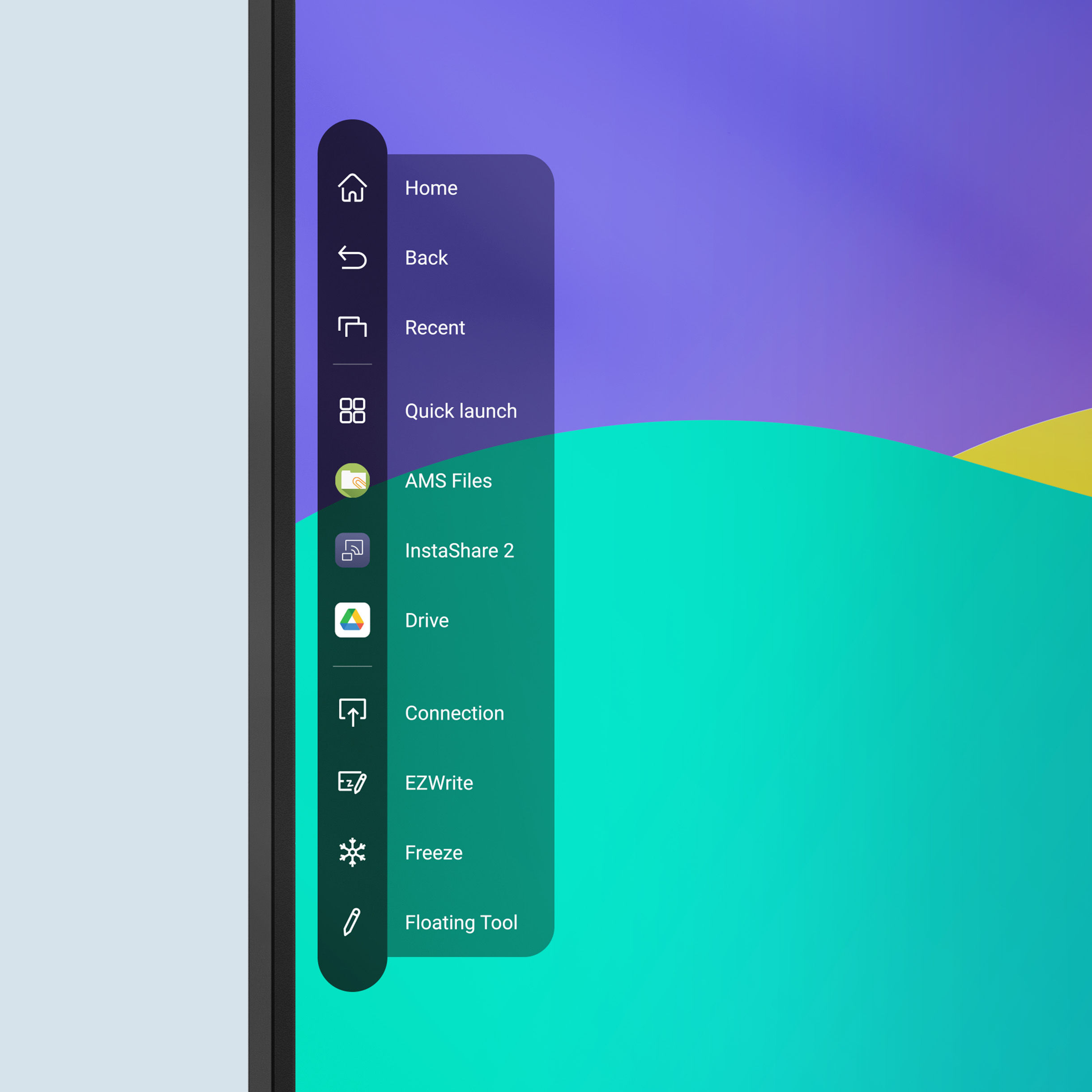 BenQ Interactive Whiteboards with expandable sidebar for easy access to recent apps, files, input sources, and a shortcut to the home screen.