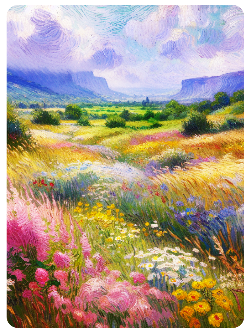 Projected landscape painting of a vibrant flower field with mountains, showcasing the BR9708 projector's 'Simulation Mode' for exceptional color fidelity in artistic and immersive displays.