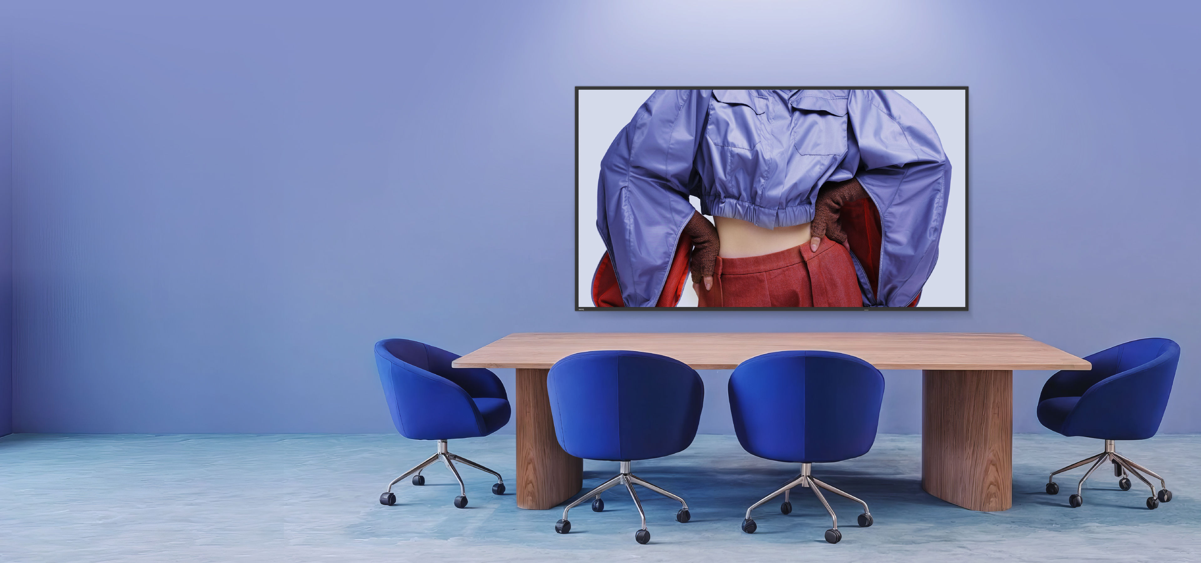 Professional Pantone Validated SL04 signage in a corporate meeting room, delivering accurate colors and Google integration for impactful workplace communication.