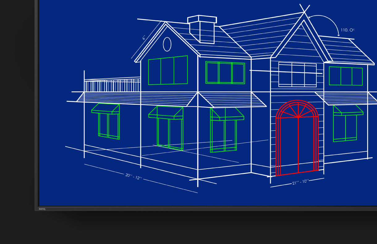A high-contrast blue schematic of a car chassis displayed on a BenQ digital signage screen in High-detail mode, providing clarity for architecture and engineering workflows.