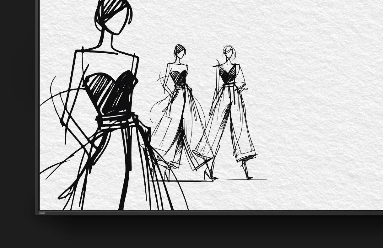 A grayscale car sketch with realistic pencil textures on a BenQ digital signage display using Sketch mode to simulate a paper-like experience for creative tasks.