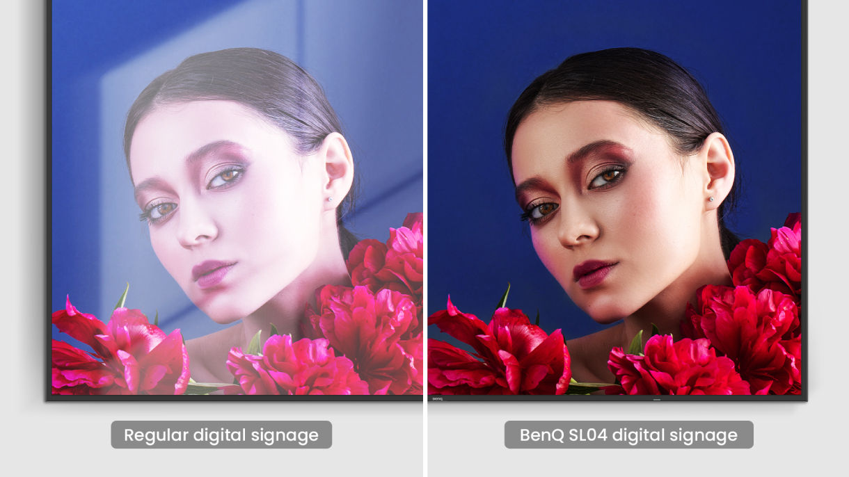 Side-by-side comparison of a regular digital signage versus the BenQ SL04 with an improved anti-glare screen and low blue light technology for comfortable viewing.