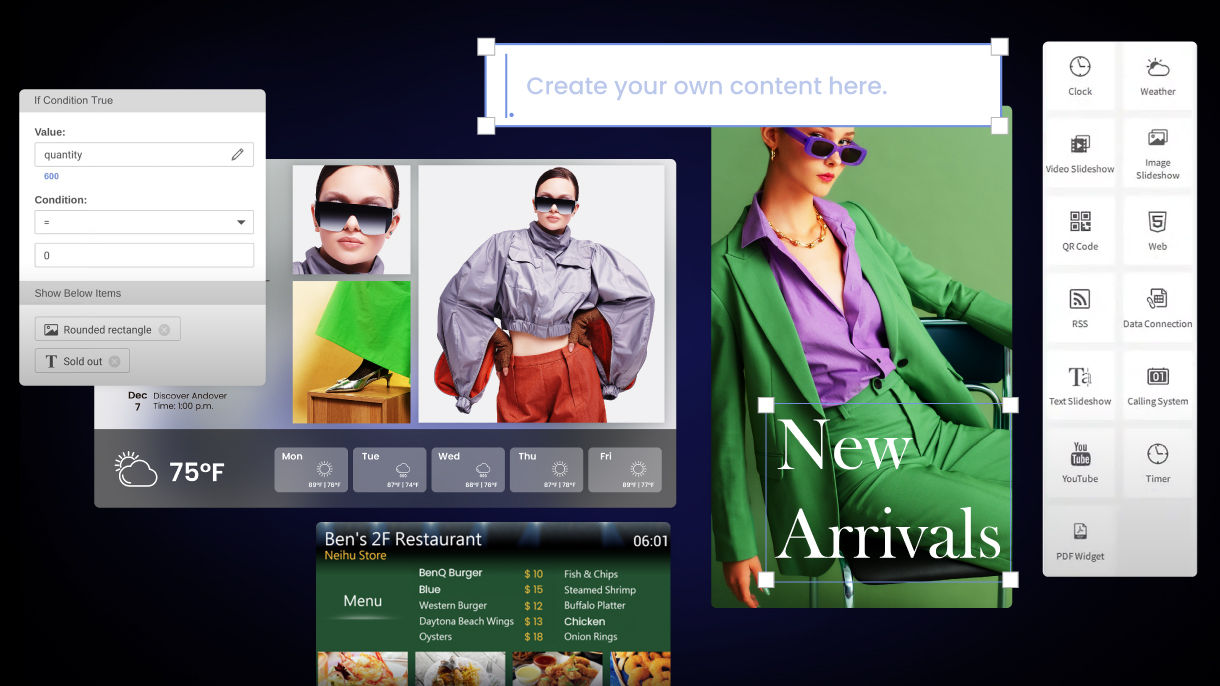 Remote content management with BenQ X-Sign software on a digital signage display, allowing easy updates for promotions in retail and office environments.
