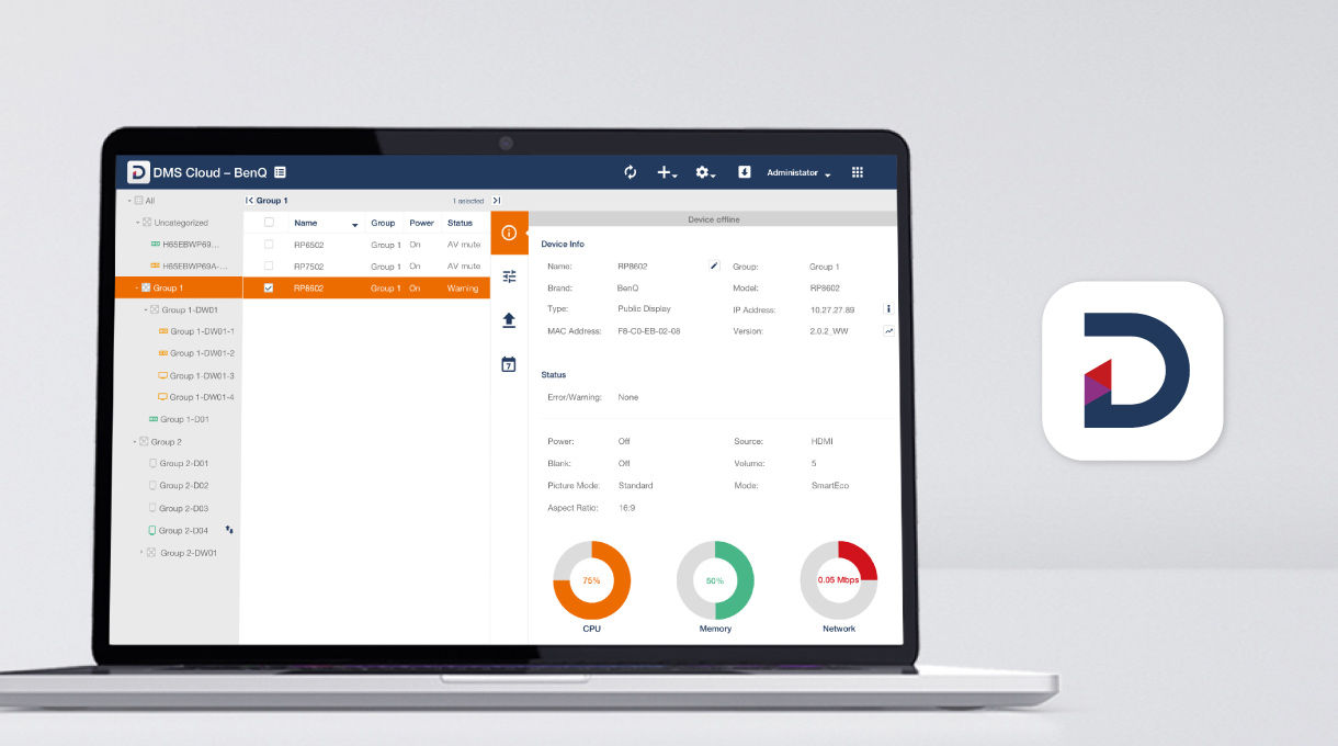 BenQ Smart Projectors with DMS Cloud management tool to easily control devices, manage apps and push updates from a centralized dashboard