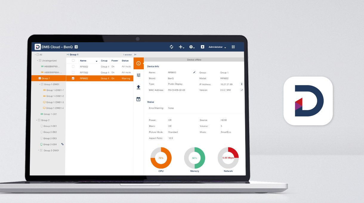 BenQ Smart Beamer mit DMS-Cloud-Management-Tool zur einfachen Steuerung von Geräten, Verwaltung von Apps und Durchführung von Updates über ein zentrales Dashboard