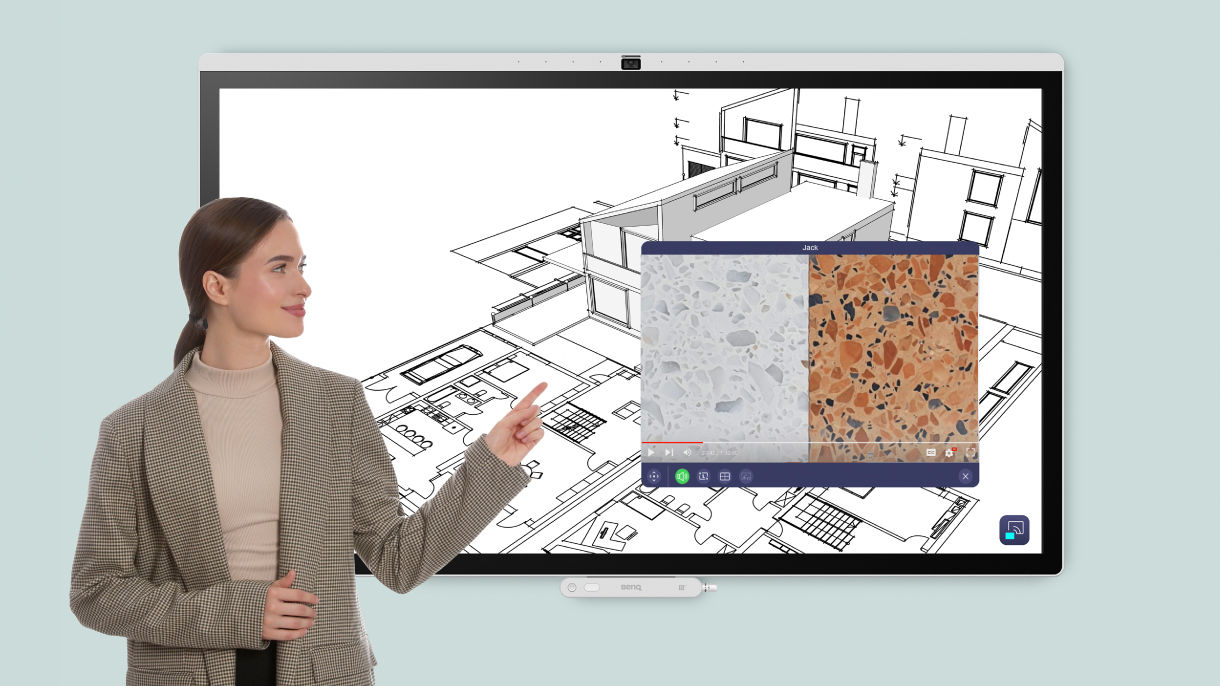 A professional woman using Floating Window mode on a BenQ board to multitask, displaying a YouTube video alongside an architectural technical drawing for enhanced collaboration.
