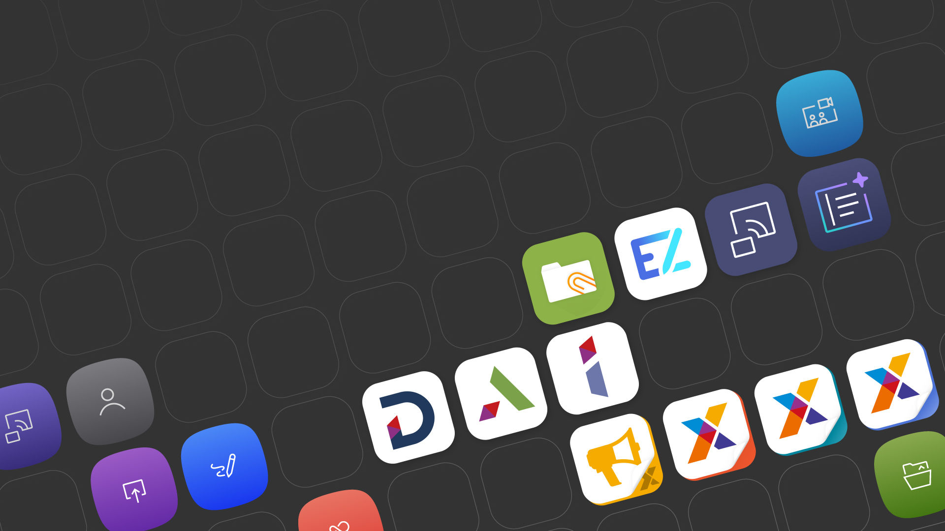A mosaic of colorful software icons representing BenQ's expansive business ecosystem, including tools for device management, account security, digital signage, and wireless collaboration.