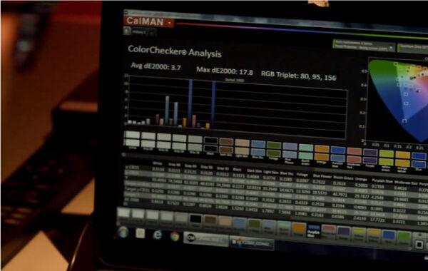 De kleurwaarden van een beamer worden met software geanalyseerd.