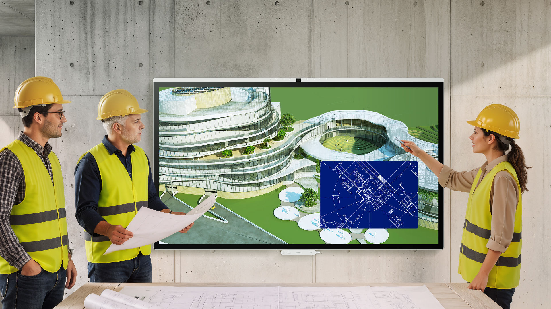 Construction professionals reviewing a 3D building model and floor plan on a BenQ Board