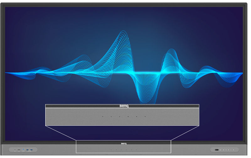 BenQ Interaktivní displej pro vzdělávání BenQ RM8603 Integrované reproduktory 2 × 16 W a soustava 6 mikrofonů zajišťují, že během hybridní a distanční výuky všichni v učebně dobře uslyší i budou slyšeni.