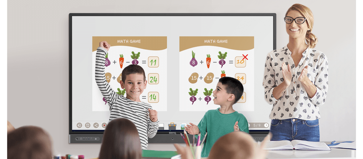 teacher playing math games with happy students in the classroom on BenQ Interactive Display