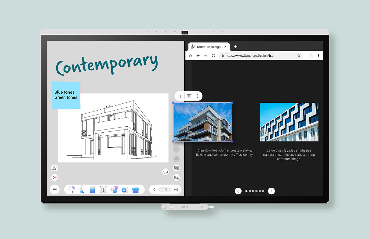 A BenQ board in split-screen mode with a web browser on one side and the EZWrite whiteboard on the other, demonstrating seamless drag-and-drop content creation.