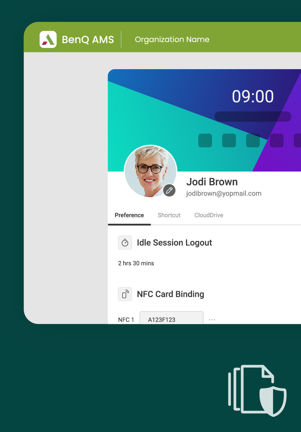 BenQ AMS user profile screen showing idle session logout and NFC card binding settings, representing centralized account management and enhanced security.
