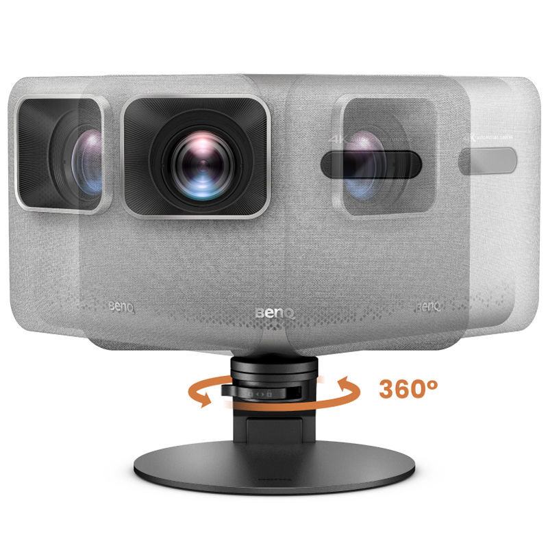 BenQ projector on adjustable stand with 360-degree horizontal rotation for flexible viewing angles