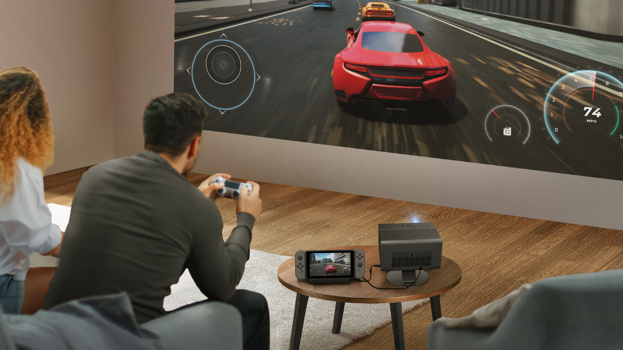 BenQ projector on stand used for gaming with Nintendo swich in a modern living room setup