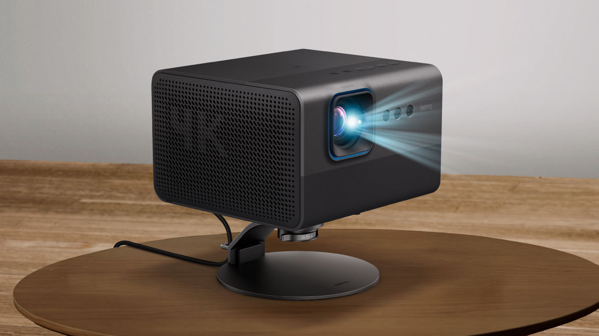 BenQ minimalist projector stand with integrated cable storage for modern home entertainment setups