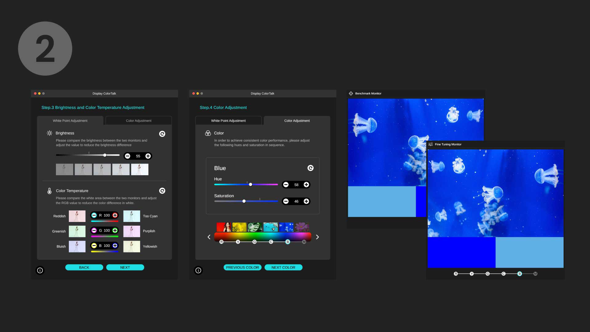 Adjust brightness, color temperature, and colors across the two monitors