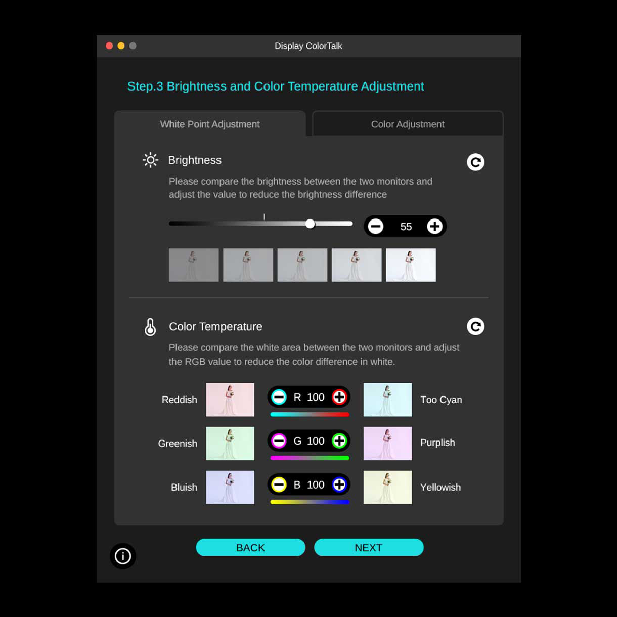 Using BenQ Display ColorTalk to adjust brightness and color temperature to match across the two monitors 