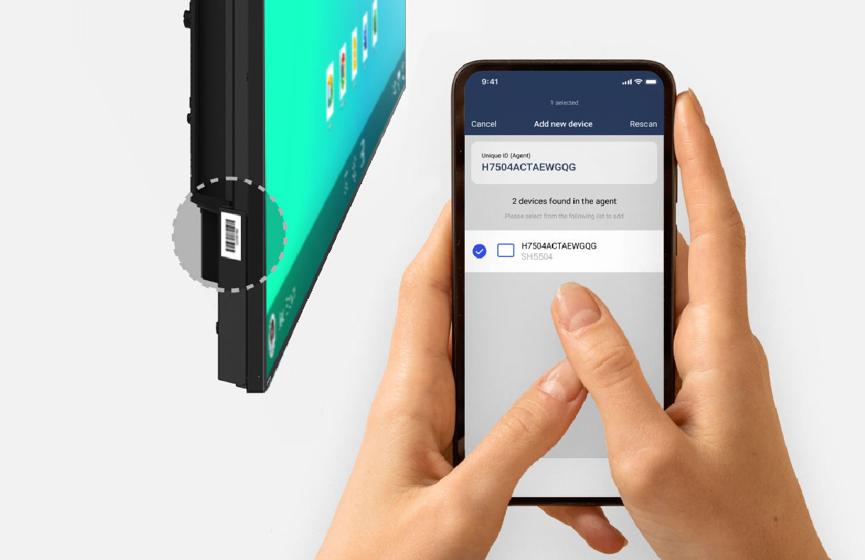 Easily provision multiple new ST04 displays by scanning the barcode on the box or device to connect them to DMS.
