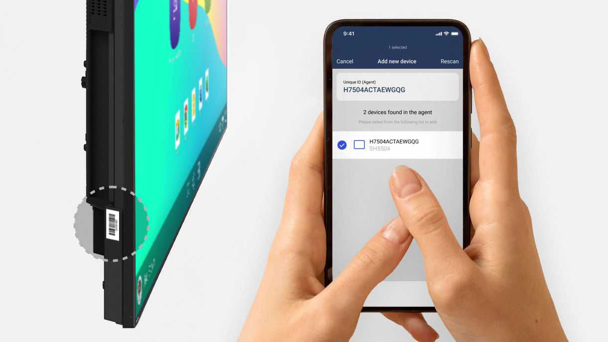 BenQ digital signage with streamlined provisioning, allowing easy connection to DMS by scanning the barcode on the box or device.