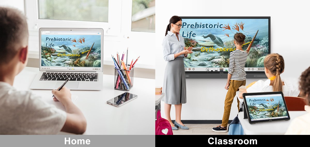 BenQ interactive displays used in hybrid learning science class, with students actively learning both remotely, from home, and in the classroom.