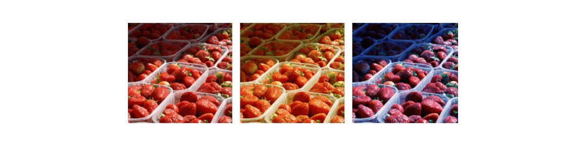 De waargenomen kleurconsistentie wordt weergegeven door een foto van aardbeien met verschillende belichtingen.
