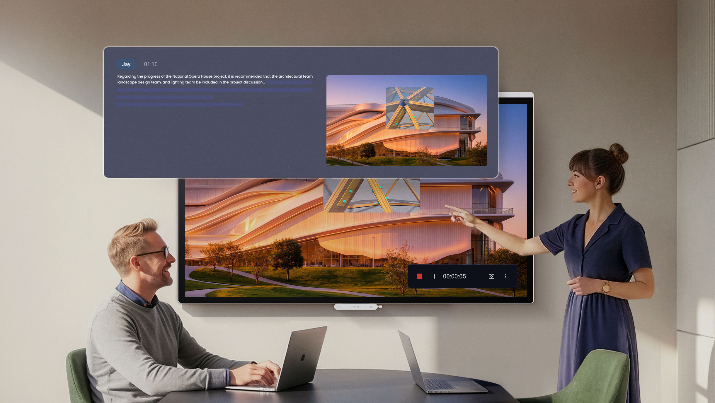 A BenQ board, tablet, and laptop all displaying a shared EZWrite session with architectural sketches, highlighting real-time collaboration across multiple devices.