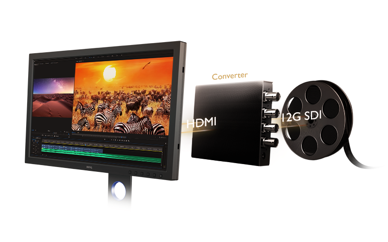 Le SW271C de BenQ est compatible avec les périphériques SDI vers HDMI et les cartes de capture SDI compatibles avec les modèles AJA et Blackmagic