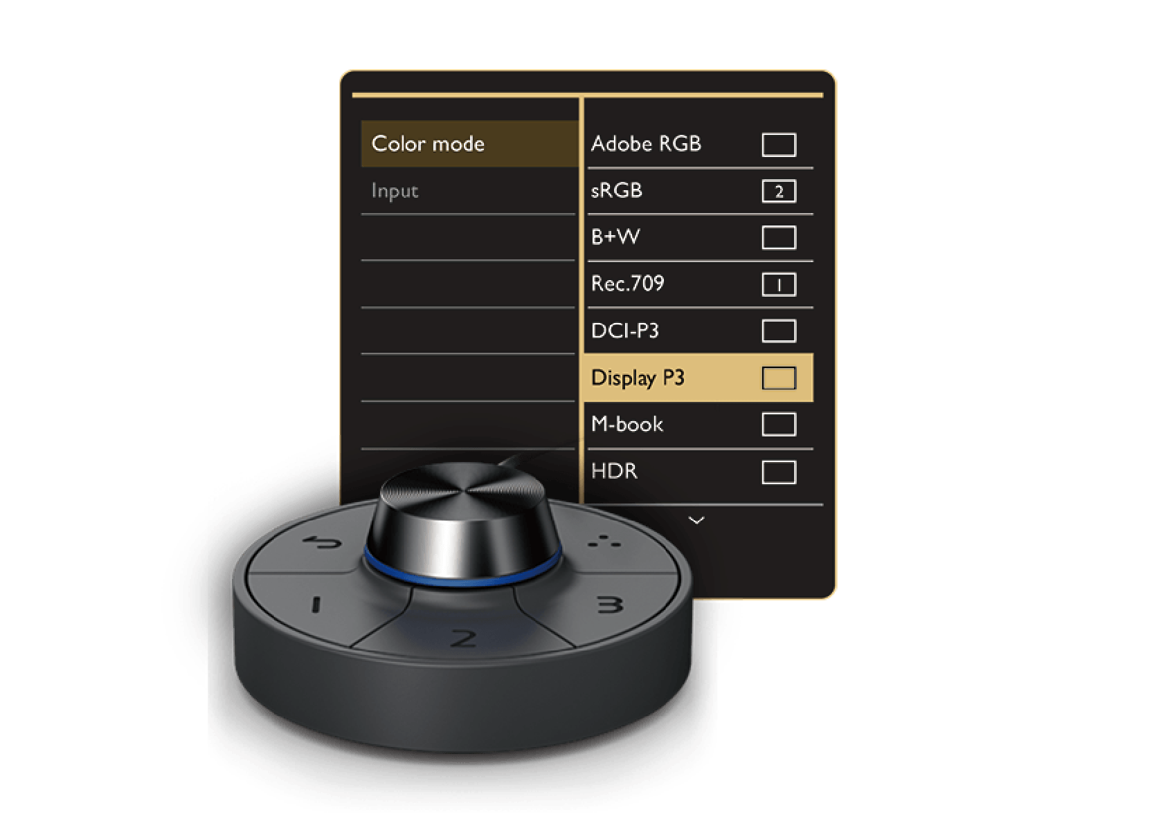 Utilizza Hotkey Puck G2 del Photographer Monitor BenQ per accedere alle modalità e alle funzioni colore preferite utilizzando questi tasti di scelta rapida preimpostati.