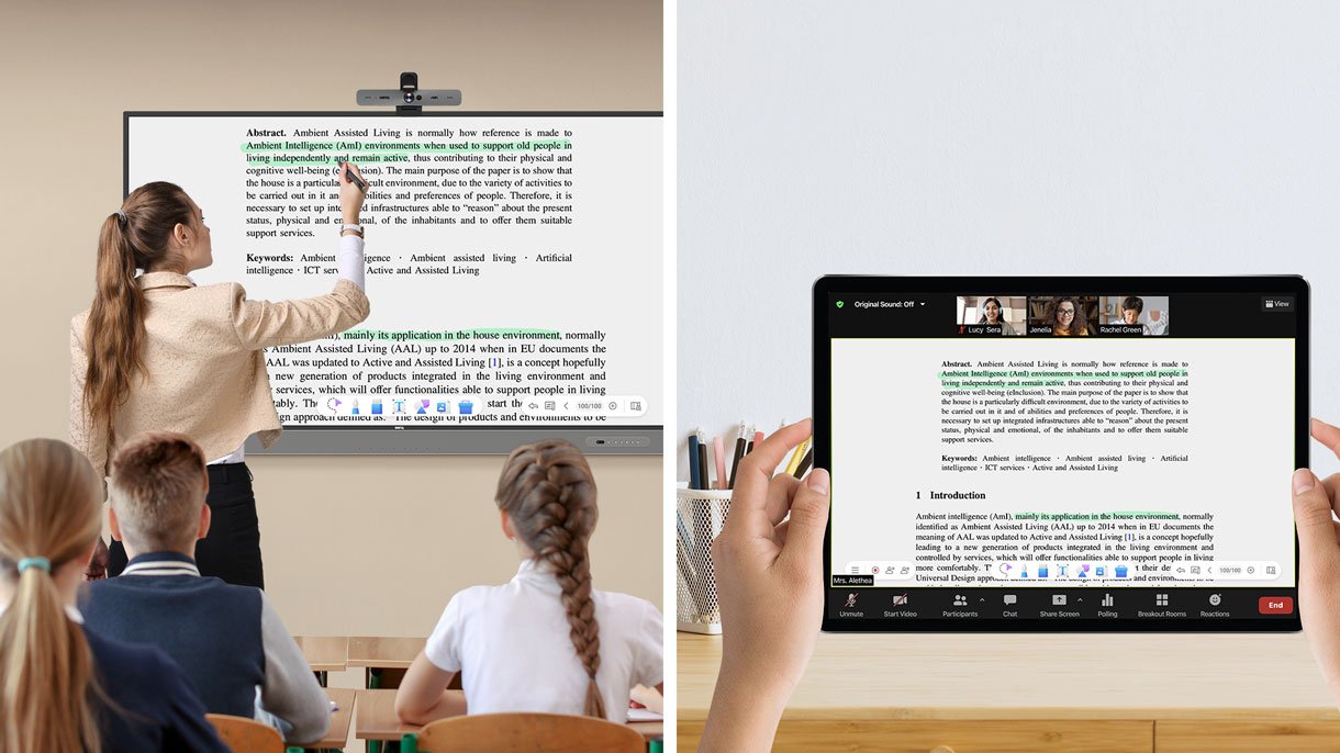 Teacher writing on BenQ Board in front of class  and student remote learning on tablet at home