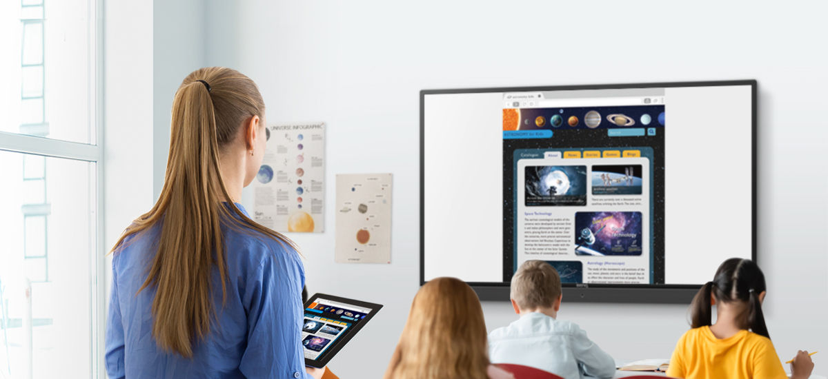 Teacher walks around the classroom and casts tablet to interactive display via InstaShare